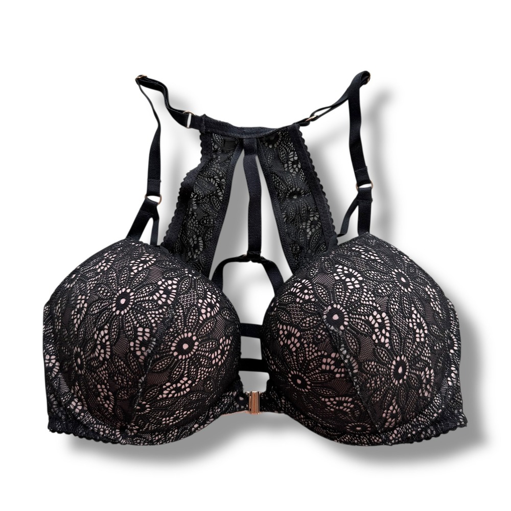Victoria's Secret 32D Black Blush Lace Front Clasp Strappy Very Sexy Push Up Bra